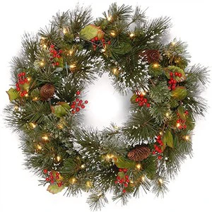 Artificial Pre-lit Christmas Wreath Decorative Collection Flocked With Mixed Decorations and Led Lights