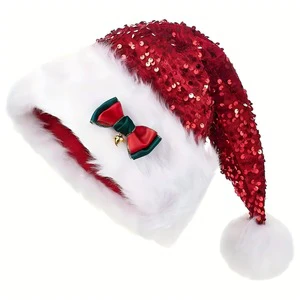 New Winter Party Christmas Hat-Red Sequins Bow-shaped Double-layer Plush Santa Hat