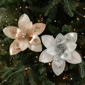 Shiny Glossy Christmas Flower Glitter Poinsettia Christmas Flowers Artificial Poinsettia Flower Decorations With Stems