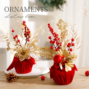 Red Berry Christmas Table Ornaments With Golden Leaf And Flowers For House And Home Decors Red Fabric Christmas Desktop Decor