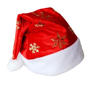 Wholesale Eco-Friendly Custom Santa Hat Adult Embroidered Snowflakes Sequins Flannelette Fabric Christmas Hat For Party