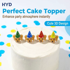 2026 Adorable Bear Cake Topper With Hat 3D Cartoon Animal Birthday Candle Decorative Baking Inserts for Baby Birthday Cake Decor