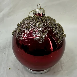 Wine Red Glass Christmas Ball Ornaments Decorated with Glitter & Vintage Gold Beads, Hanging Decorations for Christmas Tree