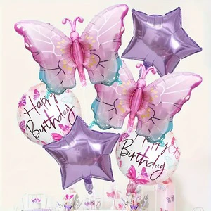 Hot 5/6 Pcs Pink Gradient Butterfly Happy Birthday Set Foil Balloon Party Decoration Helium Floating Purple 18 Inch Star Globos