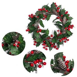 Artificial Christmas Wreath with Red Berries, Pine Cones & Holly Leaves, 30-100cm Front Door Hanging Decor for Winter Holiday