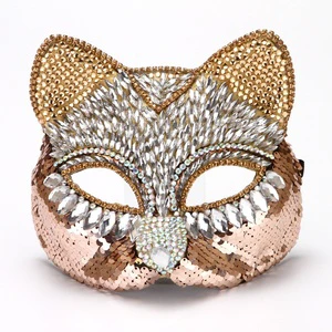 Exquisite High-End Diamond-Embellished Plastic Cat & Fox Half-Face Venetian Mask Handmade