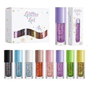 8 Pack Chunky Eye Shadow Lip Glitter Gel Print Logo Art Set for Festival Party Makeup Body Face Nail Glitter Gel Print Logo Art