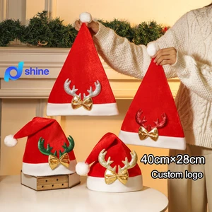 Marry Christmas Soft Plush Santa Hat With Mini Antler For A Playful Holiday Vibe Customised Embroidery Wholesale Designer