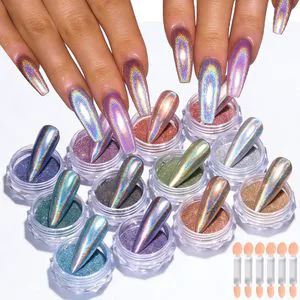 Chrome Nail Powder Kit, 12 Colors Holographic Nail Powder Extra Fine Laser Gold Silver Pink Hologram Glitter Rubbing Dust Metall