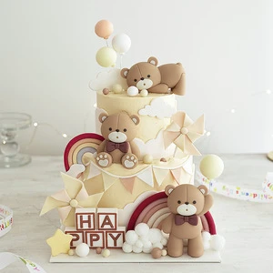 Birthday Party Baby Bear Wearing pink Blue Brown Bow Cake Decoration Soft Glue Boy Girl Cake Decoration Doll