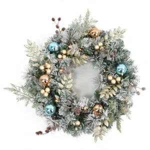 Snow Flocked Christmas Wreath with Gold Teal Ornaments - Pre-Decorated Pine Garland with Warm LED Lights for Door Holiday Decor