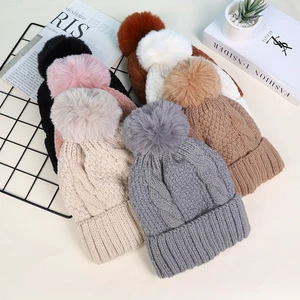 Winter Jacquard Embroidery Plush Knitted Hat Pom-Pom Rounded Crown-Versatile Warm Solid Color Women's Adult Fleece-Lined Hat