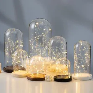 Custom Hand Blown High Borosilicate Glass Round Cloche Bell Jar Display Wooden Base LED Fairy Light Crafts Home Wedding Decor
