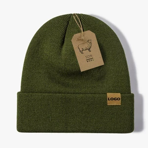 Men Women High Quality Knitted Beanies Hats Ski Cap 50% Merino Wool Beanies With Custom Logo Leather Patch
