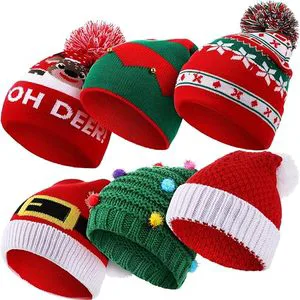 Christmas Cartoon Santa Character Crochet Beanie Hat Red Green Knit Cap Set for Travel Party Adults
