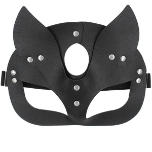 Women's Faux Leather Cat Mask Costume Animal Half Face Mask Cosplay for Halloween Party