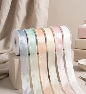 Factory Direct New Pearl Embellished Satin Ribbon Roll for Wedding Christmas Holiday Gift Box DIY Craft Decor