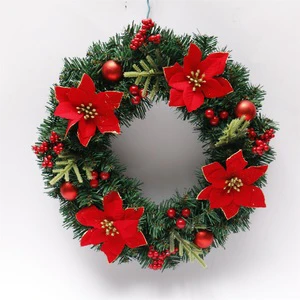 Hot Sale 40cm Decorated PVC Christmas Wreath with Red Berries and Red Flowers Christmas Decorations