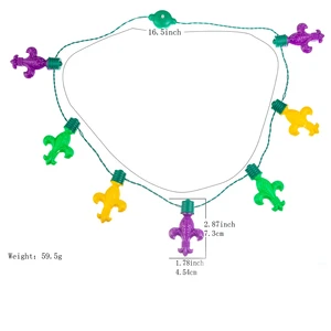 Green Yellow Purple Glitter Plastic Fleur De Lis Mardi Gras Beads Necklace for Party Favors and Holidays