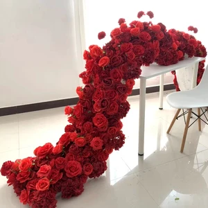 E090 Table Arrangement Red Artificial Silk Rose Flower Runner Aisle Floral Row For Wedding Event Walkway Entrance Backdrop Decor