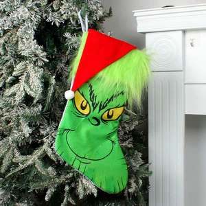 Green Furry Character Christmas Stocking Santa Hat Design Xmas Candy Gift Bag Tree Hanging Decor