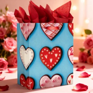 Valentines Wedding Anniversary Eco-Friendly Luxury Large Paperboard Gift Bag Cotton Rope Handle Cute Red Heart Design Custom