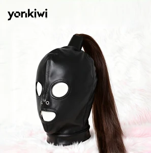 Adult BDSM Hood - Ponytail Black Mask, Latex Suit Role Play Masked Intimate Toy BDSM Prop Couple Foreplay Product Play Sexual