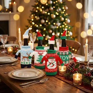 Handmade Christmas Knitted Polyester Material Wine Bottle Cover With Mini Santa Hat Reusable Sweater Xmas Dinner Table Party