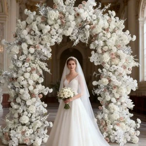 Ivory White Eco-Friendly Wedding Arch Flowers Artificial Silk & Metal Arrangement 7-8ft Height For Ceremony Backdrop