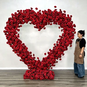 Hot Selling Silk Floral 2.4*2.4m Heart Shaped Red Rose Silk Artificial Flower Arch with the Runner and Stand