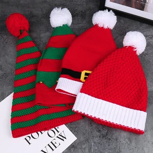 Autumn Winter Red Christmas Knitted Hat with Fur Ball Striped Casual Parent-Child Warm Gift Newyear Character Style Hat