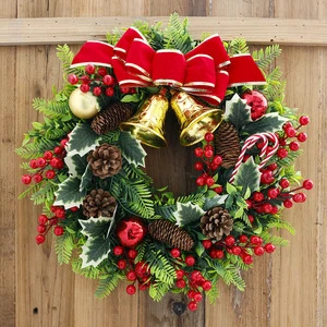 LINGKAI 45CM Red Pine Cone Bowknot Bell Artifical Christmas Wreath For Farmhouse Home Front Door Decoration