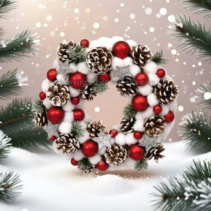 34cm Christmas Wreath Decorated White Cotton PineCone Artificial Green Pine Garland with Red Balls Decoration