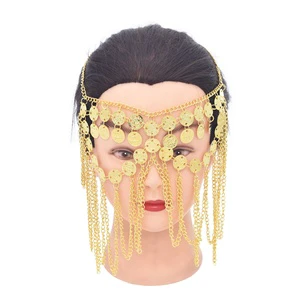 Fashionable Gold-plating Retro Style Hollowed Out Coin Alloy Face Tassel Mask Forehead Headband Chain for Adult Girl Party Show