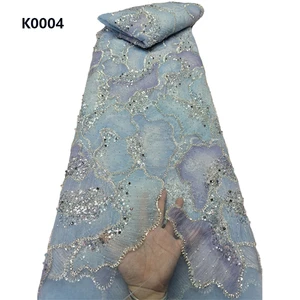 CHOCOO Newest Glitter Net Beaded Lace Fabric Light Blue Sequin Beaded Lace Fabric for Women Dress