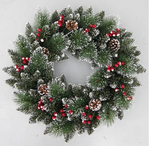 Hot Sale 50cm PVC Mixed Pine Needle Wreath Red Berry Christmas Decoration with Natural Pine Cone Ornaments