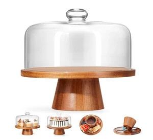 Wooden Cake Stand With Lid, Acacia Cake Stand Holder With Glass Dome, Versatile Dessert Stand With Strong Magnetic Pedestal
