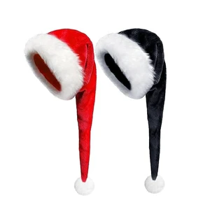 Xmas Halloween Costume Deluxe Black Red Long Plush Santa Hat Christmas Hat for Adults