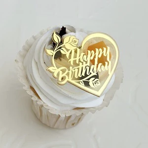 Gold Happy Birthday Cupcake Topper Dessert Anniversary Cake Decorations Acrylic Floral Heart Cake Topper Mother's Birthday Party