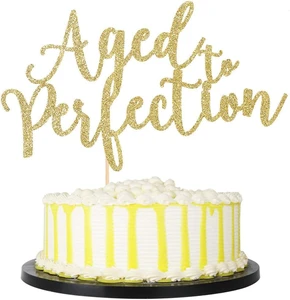 Aged to Perfection Cake Topper in Gold Glitter Classy Party Decor for Birthday, Anniversary, or Engagement Celebrations
