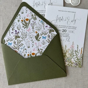 Custom Paper Envelope Liner For Wedding Birthday Thank You Card Custom Logo Green Envelopes With Wildflowers Liner