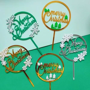 Acrylic DIY Cake Decoration for Christmas Double-Layered Snowflakes Small Trees Happy Christmas Card Insertion Party Decorations