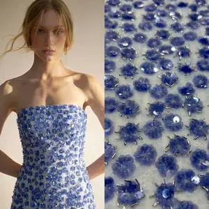 Navy Blue Plum Blossom Sequin Bugle Bead Embroidery Fabric Floral Sequins Tube Beads Mesh Custom Fabric Evening Gown Girls Bag