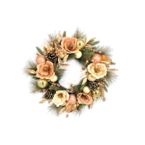 Customizable Christmas Wreath with Champagne Floral & Gold Ornaments, Pine Cones for Holiday Door Decor