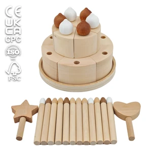 Runwood Nature Wood Kitchenware Simulation Fruit Birthday Cake Model DIY Party Kitchen Role-Playing Montessori Wooden Gift Toys