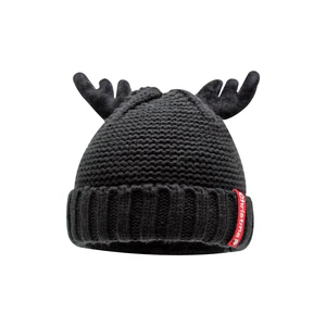 Black Reindeer Antler Knit Christmas Beanie Hat, Thermal Winter Skull Cap with