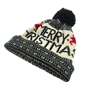Festive Christmas Beanie Soft Acrylic Knit Hat with Pom Pom Snowflake Pattern for Men Women Kids
