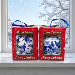 Single Pack Handmade Festival Chinoiserie Blue White Floral Foam Christmas Bauble With Blue Ribbon Gift Box Xmas Tree Ornament