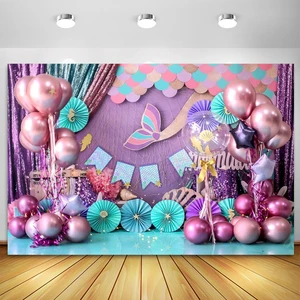 Mermaid Tail Balloon Party Photography Backdrop Purple Sequin Under the Sea Theme Background for Girls Birthday