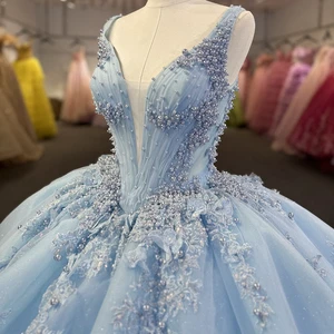 Jancember 1273 Exclusive Light Blue Sleeveless Pearls Glitter Evening Party Dresses